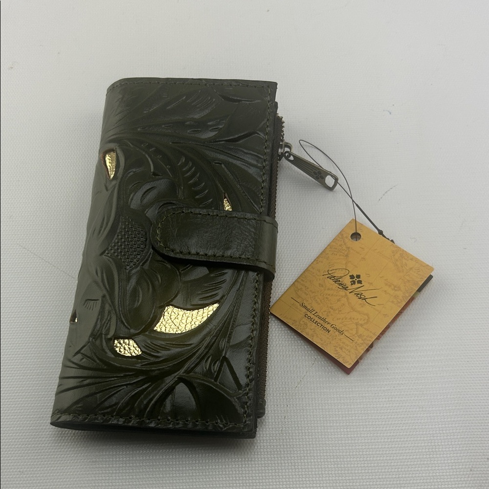 Patricia Nash Olive Green Embossed Leather Clutch with Gold Accents
